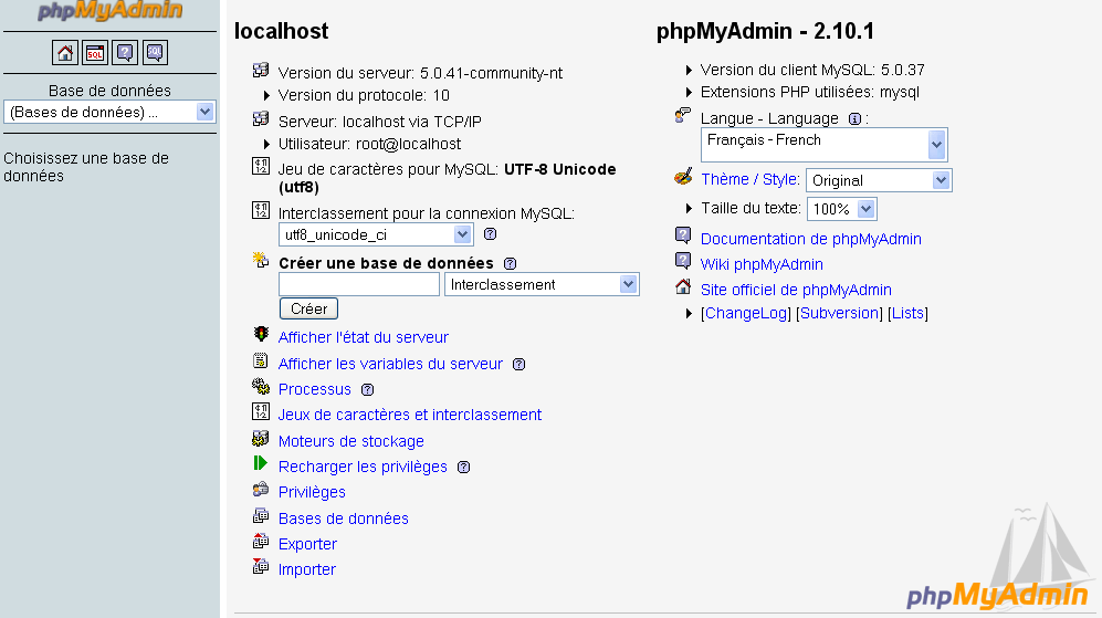 cliquer pour agrandir/rétrécir PHPMyAdmin : Ecran d'accueil