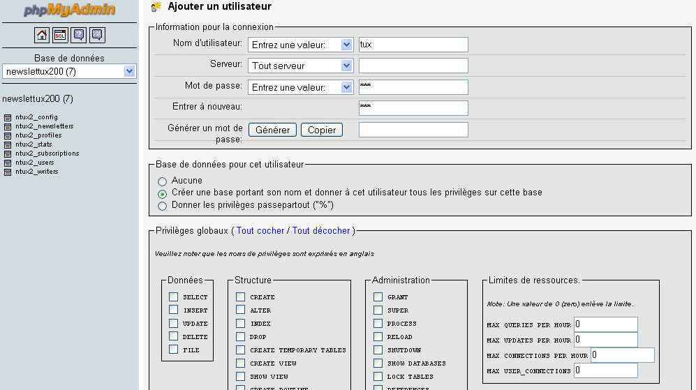 cliquer pour agrandir/rétrécir PHPMyAdmin : Ajout d'un utilisateur